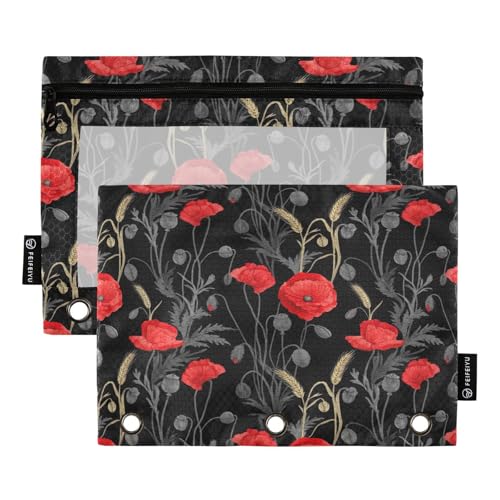 RPLIFE Federmäppchen mit 3 Löchern und transparentem Fenster, 2 Stück, Motiv: Mohnblumen, 24,9 x 17,8 cm (Einheitsgröße) von RPLIFE