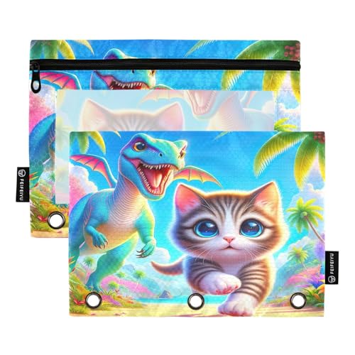 RPLIFE Federmäppchen mit 3 Löchern und transparentem Fenster, 2 Stück, für Jungen, Schulbedarf, 24,9 x 17,8 cm, niedliche Dinosaurier-Katze von RPLIFE
