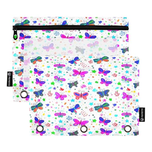 RPLIFE Federmäppchen mit 3 Ringen, Schmetterlingen, Sternen, Punkten, Weiß, 2 Stück, Kinder-Federmäppchen, 24,9 x 17,8 cm (Einheitsgröße x 2) von RPLIFE