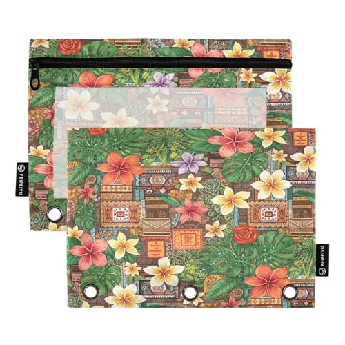 RPLIFE Federmäppchen mit 3 Ringen, Vintage-Stil, tropische Blumen, 2 Stück, für Mädchen, Kinder, Schulbedarf, 24,9 x 17,8 cm (Einheitsgröße) von RPLIFE