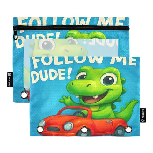 RPLIFE Federmäppchen mit 3 Ringen, niedliches grünes Cartoon-Dinosaurier-Motiv, für Kinder, Schule, transparentes Federmäppchen für Jungen und Mädchen, 24,9 x 17,8 cm (Einheitsgröße) von RPLIFE