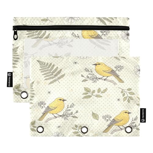 RPLIFE Federmäppchen mit 3 Ringen und transparentem Fenster, 2 Stück, Federmäppchen für Mädchen, Kinder, Schulbedarf, 24,9 x 17,8 cm, gelber Vogel sitzender Ast von RPLIFE
