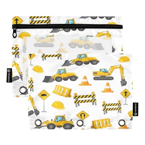 RPLIFE Federmäppchen mit 3 Ringen und transparentem Fenster, 2 Stück, Federmäppchen für Teenager, Jungen, Kinder, Schulbedarf, 24,8 x 17,8 cm, Baufahrzeuge von RPLIFE