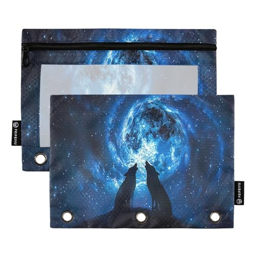 RPLIFE Federmäppchen mit 3 Ringen und transparentem Fenster, 2 Stück, Schulmäppchen für Jungen, Kinder, Schulbedarf, 24,9 x 17,8 cm, Wölfe, heulender Mond, Nachtraum von RPLIFE