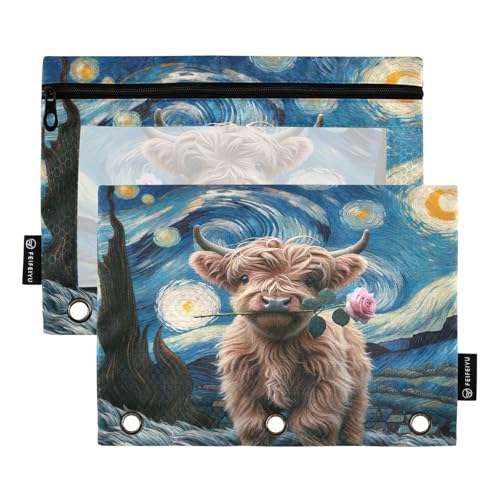 RPLIFE Federmäppchen mit 3 Ringen und transparentem Fenster, 2 Stück Stifthalter, 24,9 x 17,8 cm, Hochlandkuh Sternennacht von RPLIFE