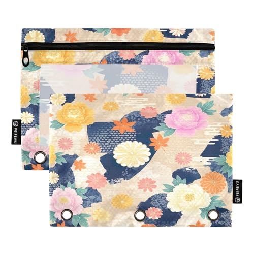RPLIFE Federmäppchen mit drei Löchern und transparentem Fenster, 2 Stück, Kinder-Federmäppchen mit Reißverschluss, 24,9 x 17,8 cm, japanische Pfingstrosen von RPLIFE
