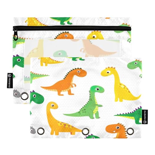 RPLIFE Federmäppchen mit niedlichem Cartoon-Dinosaurier-Motiv, Weiß, 3-Ring-Federmäppchen mit transparentem Fenster, 2 Stück, Schulbedarf, 24,9 x 17,8 cm (Einheitsgröße x 2) von RPLIFE