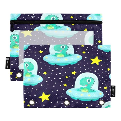 RPLIFE Federmäppchen mit niedlichem Dinosaurier-Raumschiff, 3-Ringbuch, für Kinder, Schule, transparente Vorderseite, Bleistifttasche für Jungen und Mädchen, 24,9 x 17,8 cm (Einheitsgröße x 2) von RPLIFE