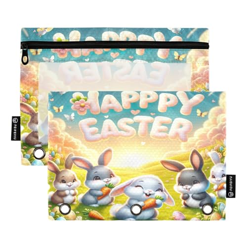RPLIFE Federmäppchen mit niedlichem Osterhasen, 3-Ring-Federmäppchen für Kinder, Schule, transparente Vordertasche für Jungen und Mädchen, 24,9 x 17,8 cm (Einheitsgröße x 2) von RPLIFE