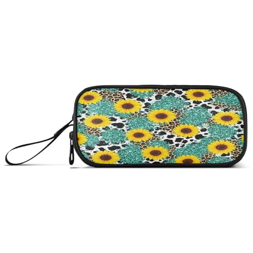RPLIFE Federmäppchen und Federmäppchen, Motiv: Sonnenblumen, Leopardenmuster, mehrere Taschen, Federmäppchen für Kinder von RPLIFE