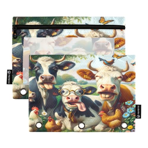 RPLIFE Funny Farm Cows Stifteetui mit 3 Ringen für Kinder, Schule, durchsichtiges Federmäppchen mit Reißverschluss, für Jungen und Mädchen, 24,9 x 17,8 cm (Einheitsgröße x 2) von RPLIFE