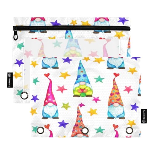 RPLIFE Gnomes Stars Federmäppchen mit 3 Löchern, Reißverschluss, für Kinder, Schule, großes transparentes Federmäppchen für Jungen und Mädchen, 24,8 x 17,8 cm, 2 Stück von RPLIFE