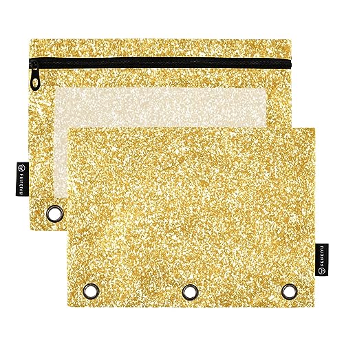 RPLIFE Gold Glitter 3 Loch Bleistift Tasche Clear Pencil Pouches, 3 Ring Binder Wasserdichte Tasche, Kindergarten Bleistift Pouch, Schule Bleistift Tasche Mädchen (One Size x 2) von RPLIFE