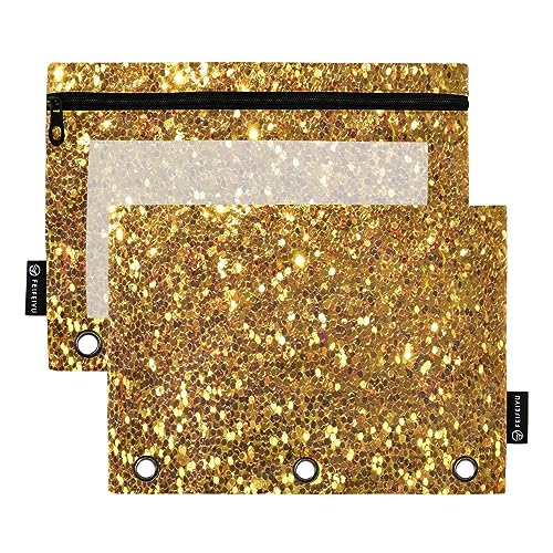 RPLIFE Golden Glitter Federmäppchen mit drei Ringen, durchsichtig, Stoff, Reißverschluss, 3-Ringbuch, wasserdichte Tasche, Reißverschlusstasche für Schule, Federmäppchen mit Reißverschluss für Mädchen von RPLIFE