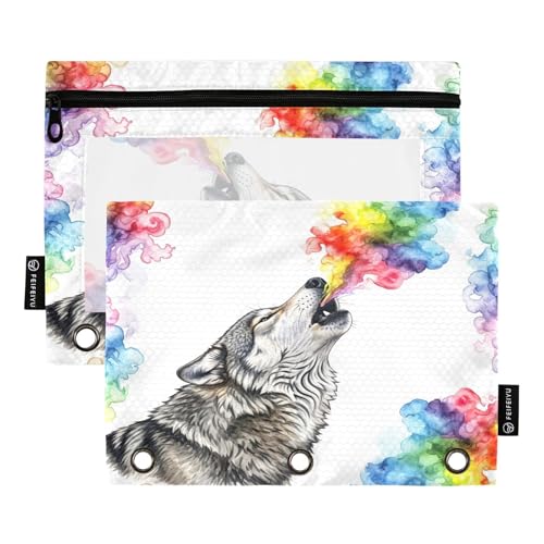 RPLIFE Gray Wolf Howling Federmäppchen mit drei Ringen, für Kinder, Schule, transparentes Stifteetui für Jungen und Mädchen, 24,9 x 17,8 cm (Einheitsgröße x 2) von RPLIFE