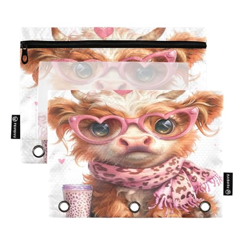RPLIFE Highland Cow Pink Leopard 2er Pack Drei Löcher Reißverschluss Tasche für Kinder Schule, transparente Fronttasche für Jungen und Mädchen, 24,9 x 17,8 cm von RPLIFE