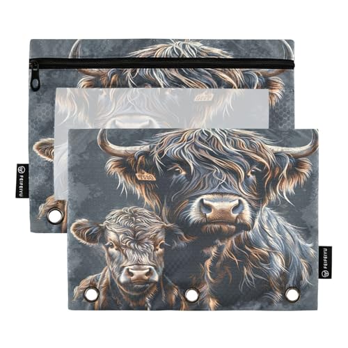 RPLIFE Highland Cow and Calf Federmäppchen mit 3 Ringen für Kinder, Schule, durchsichtiges Federmäppchen für Jungen und Mädchen, 24,9 x 17,8 cm (Einheitsgröße x 2) von RPLIFE