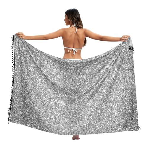 RPLIFE Lila Blaugrün Aqua Glitzer Farbverlauf Frauen Strand Sarong Quaste Sarong Wrap Pool Sarong Wrap Frauen Badeanzug Cover Up, Glitzerndes Hellgrau-Silber, Large von RPLIFE