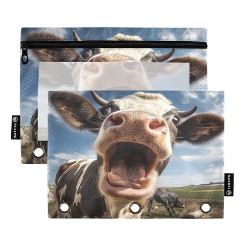 RPLIFE Lustiger 3-Lochstanzer mit Kuh-Porträt, transparente Tasche mit transparentem Fenster, 2 Stück für Jungen, 24,8 x 17,8 cm (Einheitsgröße) von RPLIFE