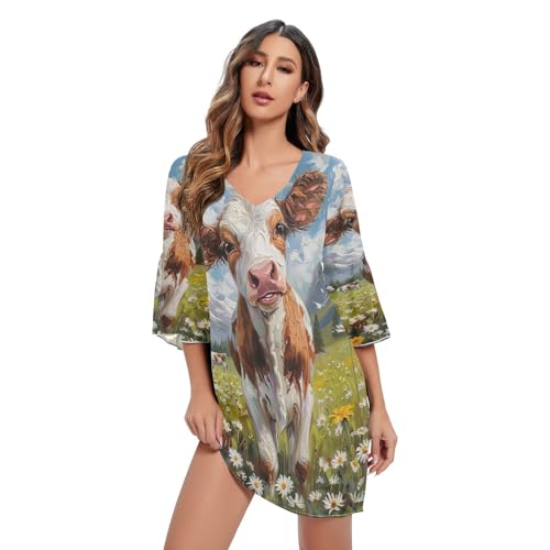 RPLIFE Lustiges Esel-Kleid, gekreuzte Augen, lässiges Kleid, bedrucktes Sommerkleid, Sommerkleider für Damen, Niedliche glückliche Kuh, Groß von RPLIFE