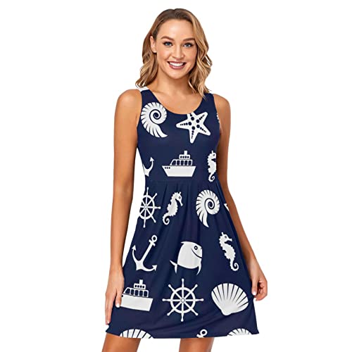 RPLIFE Marine Nautisches Ornament Muster Ärmelloses Kleid Sommerkleid Strandkleid, Marine-maritimes Ornament, Mittel von RPLIFE