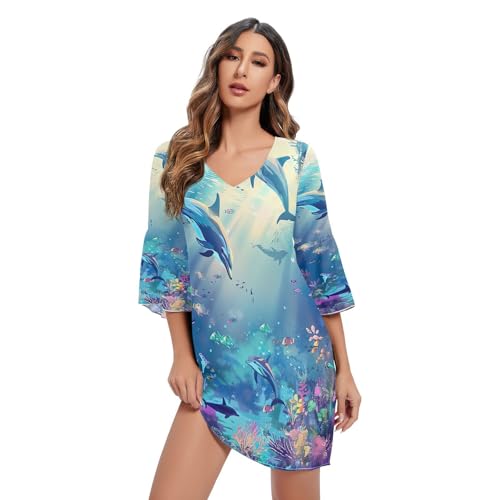 RPLIFE May Federal Holiday in Mexico Casual V Neck Dress Flowy Chiffon Kleider Flowy Line Kleid, Ozean-Szene mit Unterwasser-Delfinen, Mittel von RPLIFE