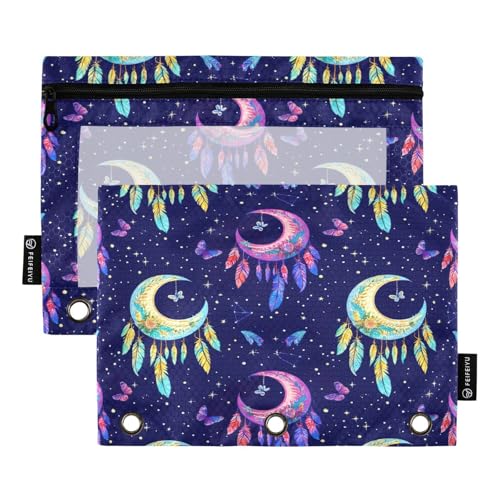 RPLIFE Moons Feathers Butterflies Dark 2 Pack 3 Ring Binder Pencil Pouch for Kids School, Clear Three Hole Zipper Pouch for Boys Girls, 9.8 In × 7″ In (One Size x 2) von RPLIFE