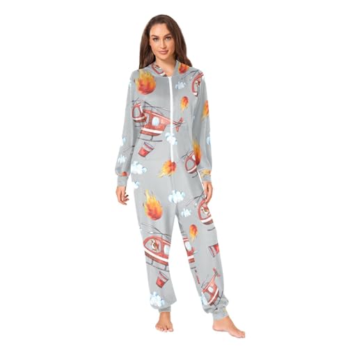 RPLIFE Niedliche Affen Herren Einteiler Erwachsene Pyjama Damen Onesie Pyjama Kapuze Langarm Onesie Urlaub Pyjama Onesie Erwachsene, Cartoon nettes Muster Feuerwehr, X-Large von RPLIFE