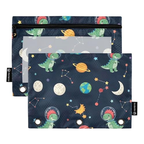 RPLIFE Niedliche Cartoon-Dinosaurier-Weltraum, 2 Stück, Bindertasche mit Reißverschluss für Kinder, Schule, großes Federmäppchen für Jungen und Mädchen, 24,9 x 17,8 cm (Einheitsgröße) von RPLIFE