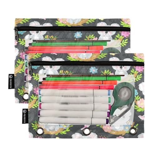 RPLIFE Niedliche Cartoon-Koalas-Beutel mit drei Löchern und transparentem Fenster, 2 Stück Bleistiftbeutel für Kinder, Schulbedarf, 24,9 x 17,8 cm (Einheitsgröße) von RPLIFE