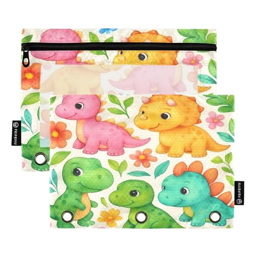 RPLIFE Niedliche Dinosaurier, bunte Blumenblätter, 2 Stück, 3 Löcher, Reißverschlusstasche für Kinder, Schule, transparentes Federmäppchen für Jungen und Mädchen, 24,9 x 17,8 cm (Einheitsgröße x 2) von RPLIFE