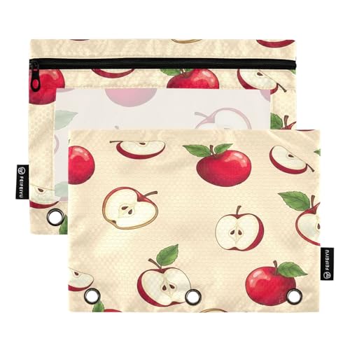 RPLIFE Niedliche geschnittene Obst-grüne Blätter, Beige, 2 Stück, 3 Locher, transparente Tasche für Kinder, Schule, transparentes Federmäppchen mit Reißverschluss vorne für Jungen und Mädchen, 24,9 x von RPLIFE