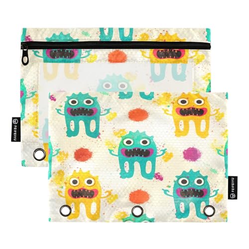 RPLIFE Niedliches Monster Splash Federmäppchen mit 3 Ringen für Kinder, Schule, Federmäppchen mit transparenter Vorderseite für Jungen und Mädchen, 24,9 x 17,8 cm, 2 Stück von RPLIFE