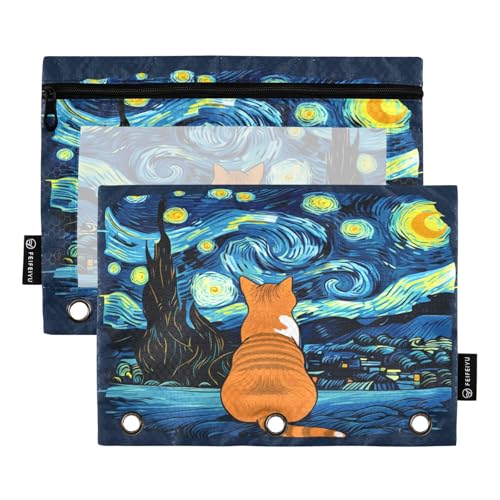 RPLIFE Orangene Katze, Sternennacht, 2 Stück, mit Reißverschluss, für Kinder, Schule, transparente Stofftasche mit Reißverschluss für Jungen und Mädchen, 24,9 x 17,8 cm (Einheitsgröße x 2) von RPLIFE