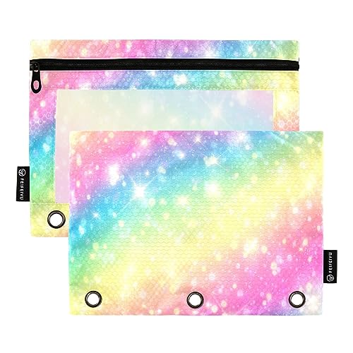 RPLIFE Rainbow Glitter 3 Hole Punch Pencil Pouch Zipper Pencil Pouch Clear Window, 3 Ring Cloth Zipper Pouch, Zipper Pouch School, PVC Zipper Pouch (One Size x 2) von RPLIFE