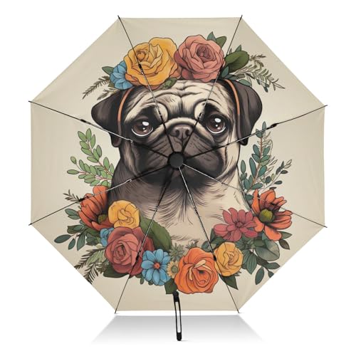 RPLIFE Reise-Regenschirm mit Mops-Motiv, winddicht, leicht, langlebig, automatisches Öffnen, Schließen für Frauen, Reise-Regenschirme für Regen und Sonne von RPLIFE