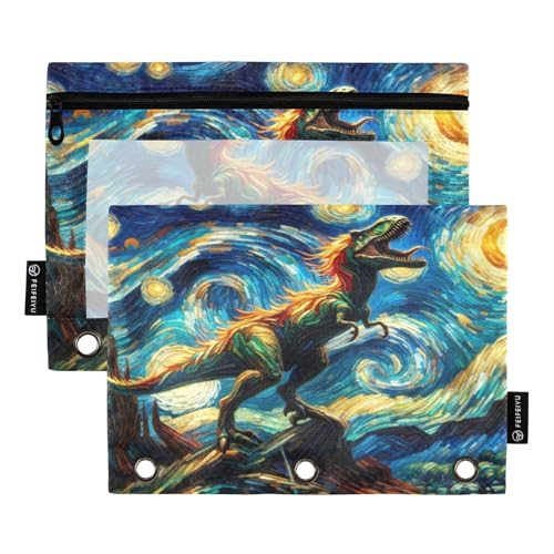 RPLIFE Roar Dinosaurier-Federmäppchen mit drei Löchern und transparentem Fenster, 2 Stück mit Reißverschluss, 24,9 x 17,8 cm (Einheitsgröße) von RPLIFE