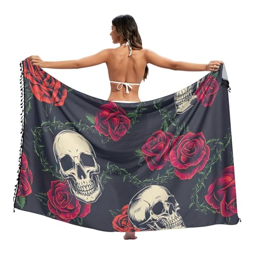 RPLIFE Sarong mit Fransen-Sarong-Wrap in Blau und Rot mit Vintage-Blumen, Totenkopf mit Rosen, Large von RPLIFE