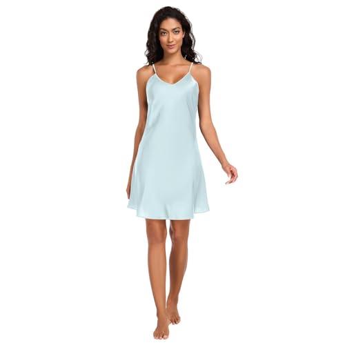 RPLIFE Satin-Unterkleid mit verstellbaren Spaghettiträgern und V-Ausschnitt, Hellblau, Größe S, Blassblau, S von RPLIFE