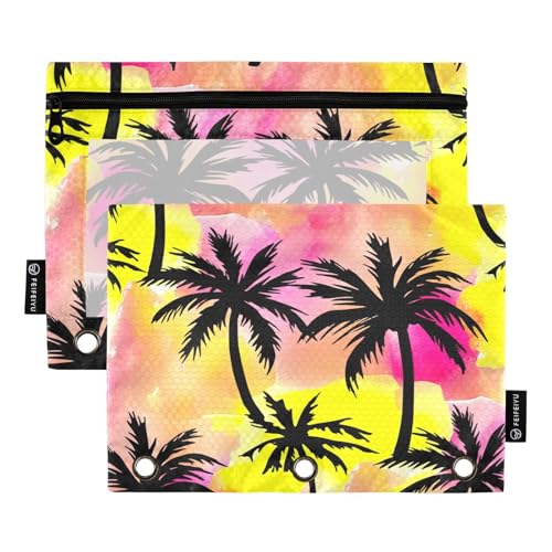 RPLIFE Schwarze Palmen-Aquarell-Ordner mit Reißverschluss für Kinder und Schule, transparentes Federmäppchen mit Reißverschluss vorne für Jungen und Mädchen, 24,9 x 17,8 cm (Einheitsgröße x 2) von RPLIFE