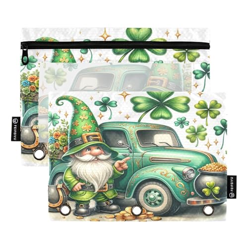 RPLIFE St. Patrick's Day Truck Gnome Green 2er Pack Three Hole Binder Pouch for Kids School, Large Clear Pencil Pouch for Boys Girls, 9.8 In × 7″ In (One Size x 2) von RPLIFE