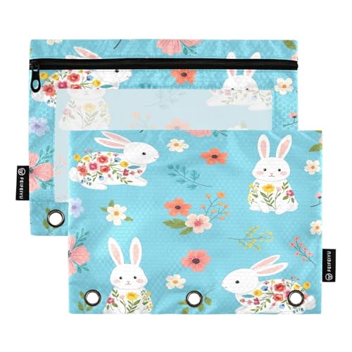 RPLIFE Stifteetui mit niedlichem weißen Hasen, buntes Blumenmuster, 2 Stück, für Kinder, Schule, transparente Reißverschlusstasche für Jungen und Mädchen, 24,9 x 17,8 cm (Einheitsgröße x 2) von RPLIFE