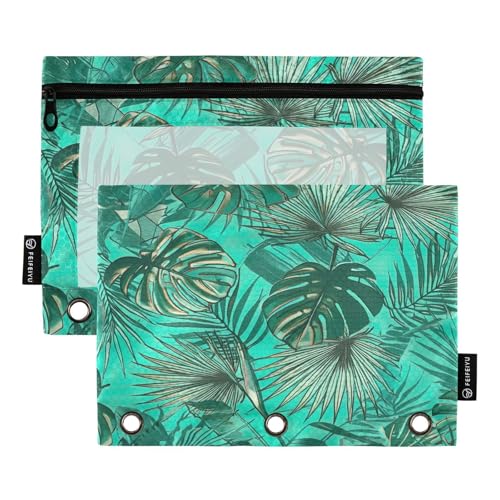 RPLIFE Stiftehalter mit 3 Löchern, tropische Blätter, mit transparentem Fenster, 2er-Pack, Federmäppchen für Mädchen, Kinder, Schulbedarf, 24,9 x 17,8 cm (Einheitsgröße) von RPLIFE