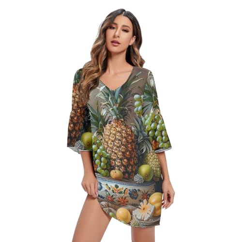 RPLIFE Stillleben Obst Gemüse Kurzes Sommerkleid Bedruckt Elegant Party S-XXL, Stillleben Obst Gemüse, XXL von RPLIFE