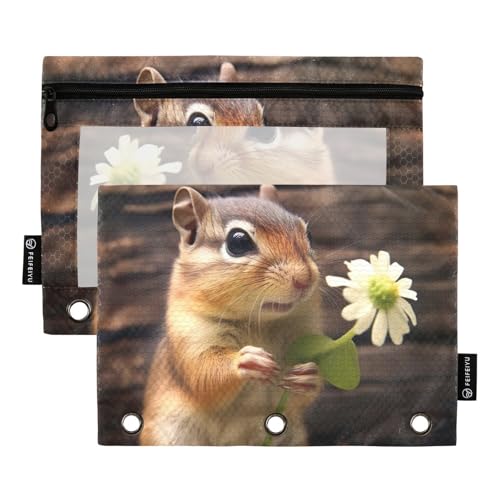 RPLIFE Streifenhörnchen mit Tierblumen, 2er-Pack, 3-Ring-Federmäppchen für Kinder, Schule, Federmäppchen für Jungen und Mädchen, 24,9 x 17,8 cm von RPLIFE