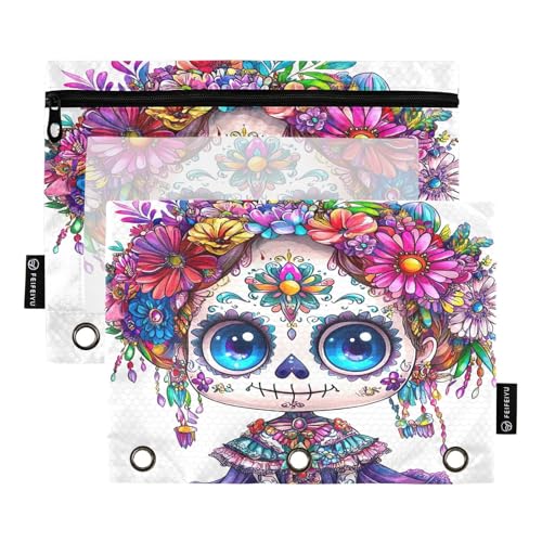RPLIFE Süßer weiblicher Zuckerschädel 2 Stück 3 Ringe Reißverschlusstasche für Kinder Schule, transparente Fronttasche mit Reißverschluss für Jungen und Mädchen, 24,8 x 17,8 cm von RPLIFE