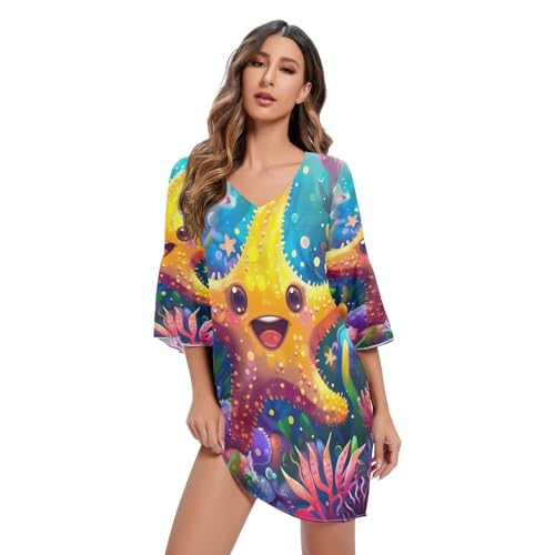 RPLIFE Süßes kurzes Chiffon-Kleid mit lächelndem Seestern, Sommerkleid mit Ärmeln, Größe S-XXL, Süßer lächelnder Seestern, Groß von RPLIFE