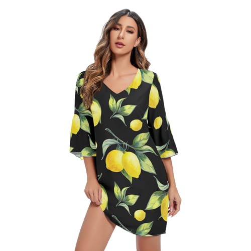 RPLIFE Sushi schwarzes elegantes Kleid mit V-Ausschnitt, hübsches Kleid, Sommerkleider 2023, Zitronen-Schwarz, Groß von RPLIFE