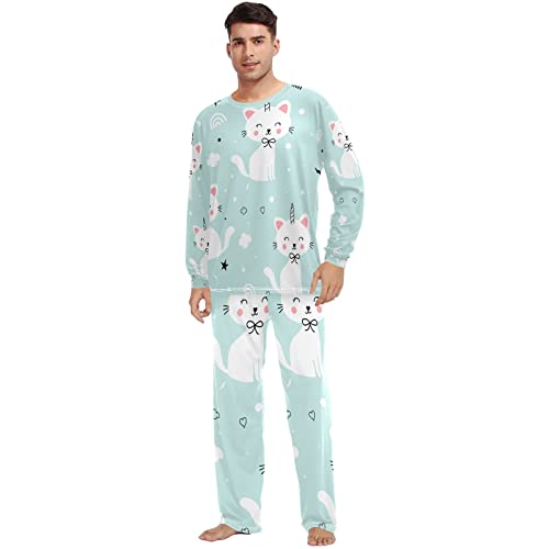 RPLIFE Sweet Cat Print - Herren Pyjama Set für Frühling, bequemes Pyjama-Set Herren, atmungsaktives Herren Pyjama-Set Pyjama für Herren, Süßer Katzen-Aufdruck, Large von RPLIFE