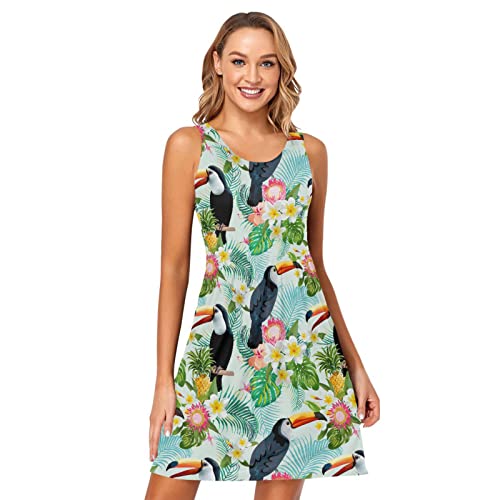 RPLIFE Tropische Blumen Tukan Vögel Vintage Mädchen Ärmelloses Freizeitkleid Scoop Kleid Frauen Sommer Ärmelloses Kleid, Tropische Blumen Tukan Vögel Vintage, Klein von RPLIFE